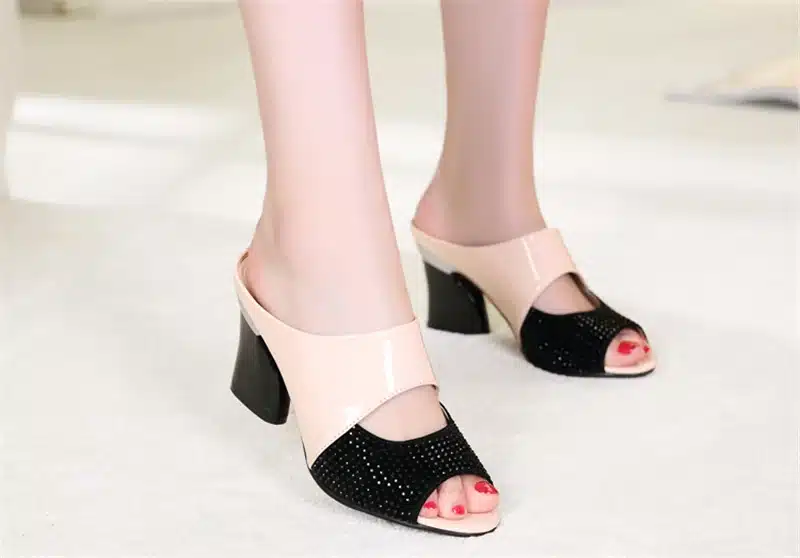 ZIMNAFR brand 2017 hot sale women genuine leather slippers rhinestone thick high-heeled sandals open toe plus szie 34-42 23
