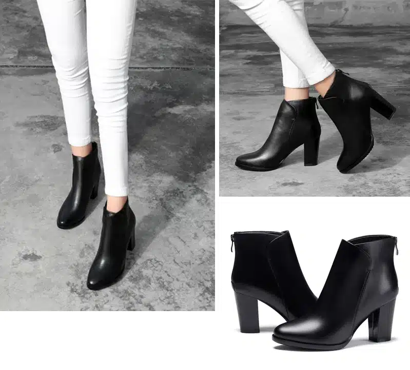 Meotina Genuine Leather Shoes Women Ankle Boots Autumn Thick High Heel Martin Boots Zip Winter Handmade Leather Shoes Boot Black 14