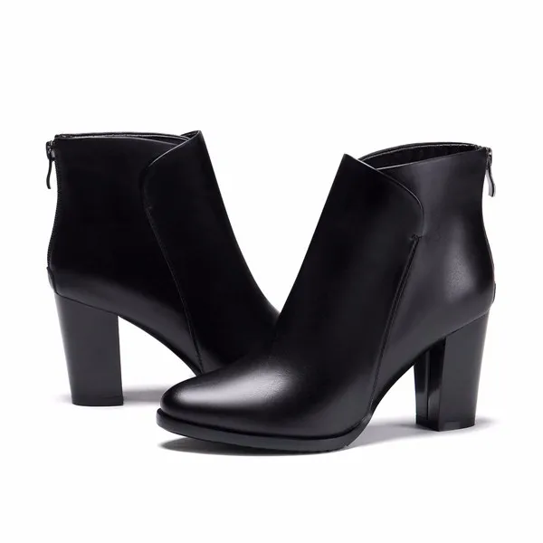 Meotina Genuine Leather Shoes Women Ankle Boots Autumn Thick High Heel Martin Boots Zip Winter Handmade Leather Shoes Boot Black 18