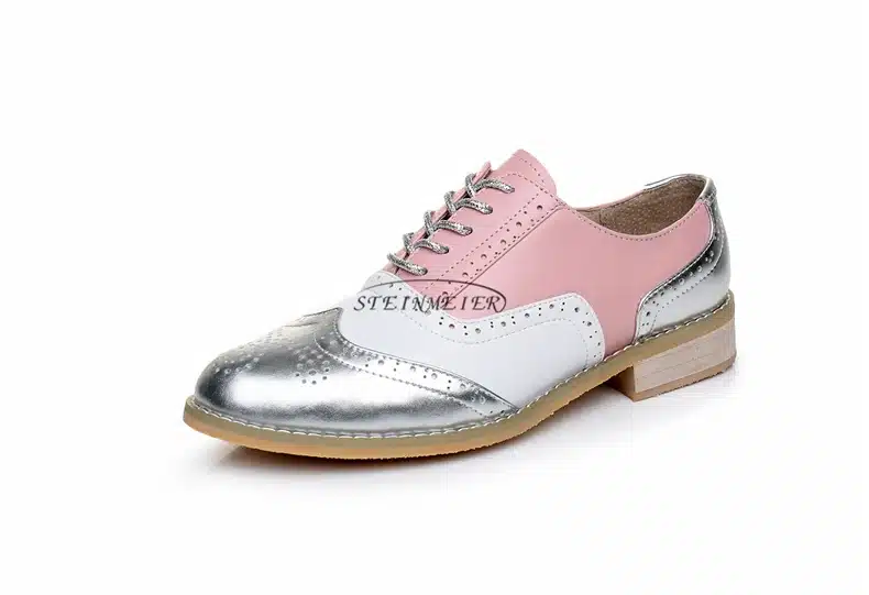 Genuine leather big woman US 10 designer vintage flats shoes round toe handmade silver white pink oxford shoes for women fur 10