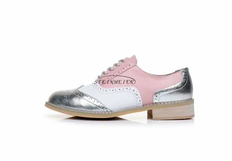 Genuine leather big woman US 10 designer vintage flats shoes round toe handmade silver white pink oxford shoes for women fur 11