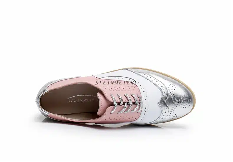 Genuine leather big woman US 10 designer vintage flats shoes round toe handmade silver white pink oxford shoes for women fur 12