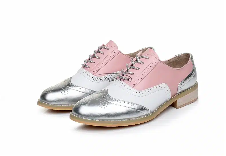 Genuine leather big woman US 10 designer vintage flats shoes round toe handmade silver white pink oxford shoes for women fur 14