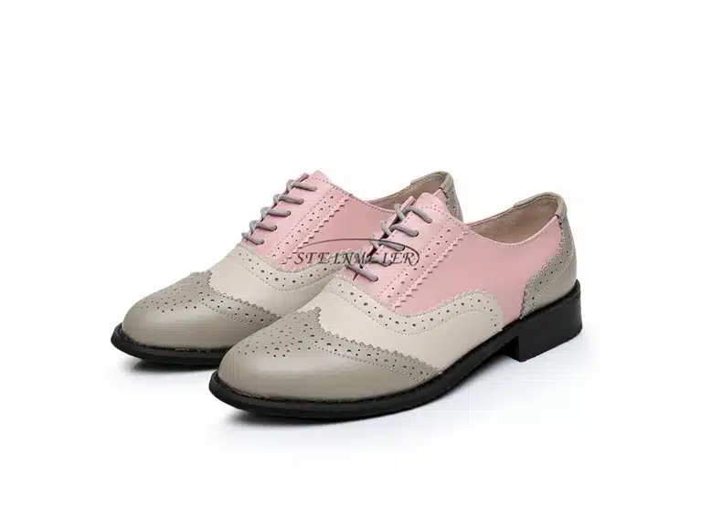 Genuine leather big woman US 10 designer vintage flats shoes round toe handmade silver white pink oxford shoes for women fur 19