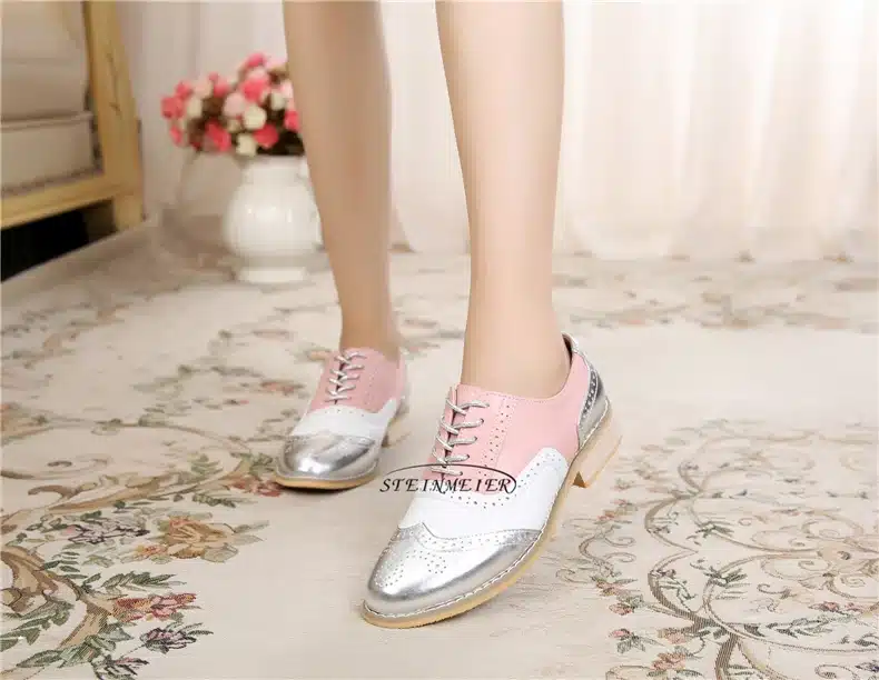 Genuine leather big woman US 10 designer vintage flats shoes round toe handmade silver white pink oxford shoes for women fur 39