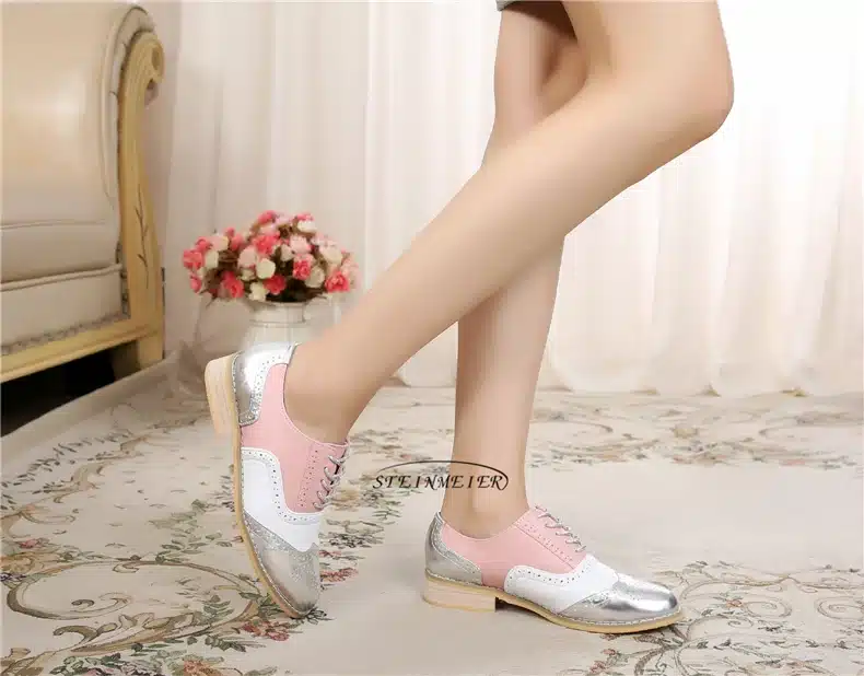 Genuine leather big woman US 10 designer vintage flats shoes round toe handmade silver white pink oxford shoes for women fur 40
