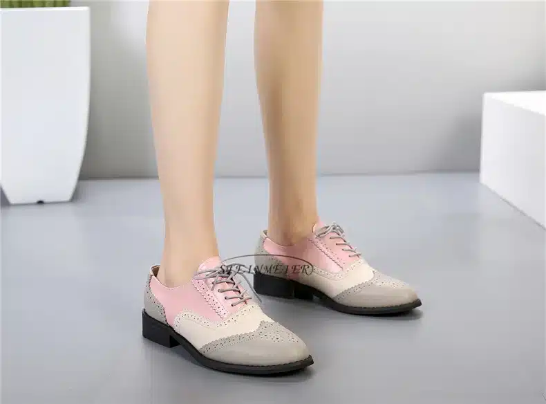 Genuine leather big woman US 10 designer vintage flats shoes round toe handmade silver white pink oxford shoes for women fur 48