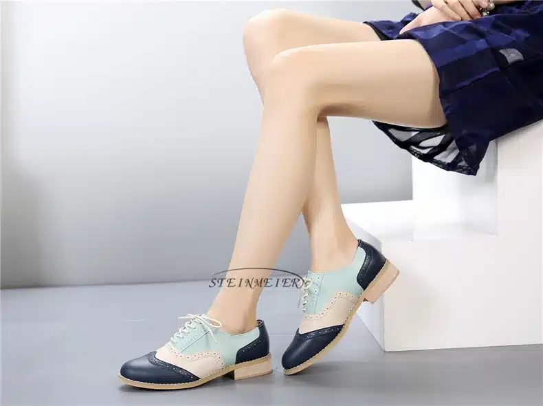 Genuine leather big woman US 10 designer vintage flats shoes round toe handmade silver white pink oxford shoes for women fur 54