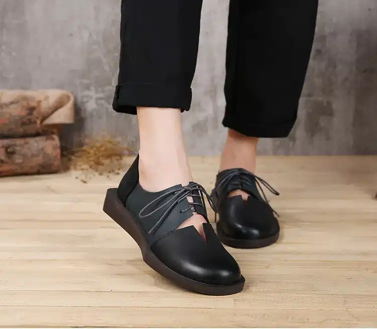2018 Spring Summer Women Shoes Flats Genuine Leather Round Toes Lace up Mixed Color Handmade Retro Shoes 10