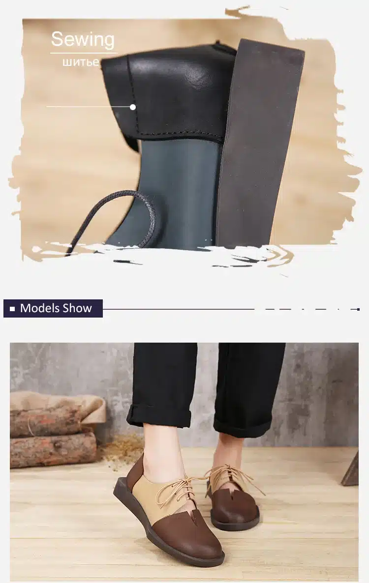 2018 Spring Summer Women Shoes Flats Genuine Leather Round Toes Lace up Mixed Color Handmade Retro Shoes 14