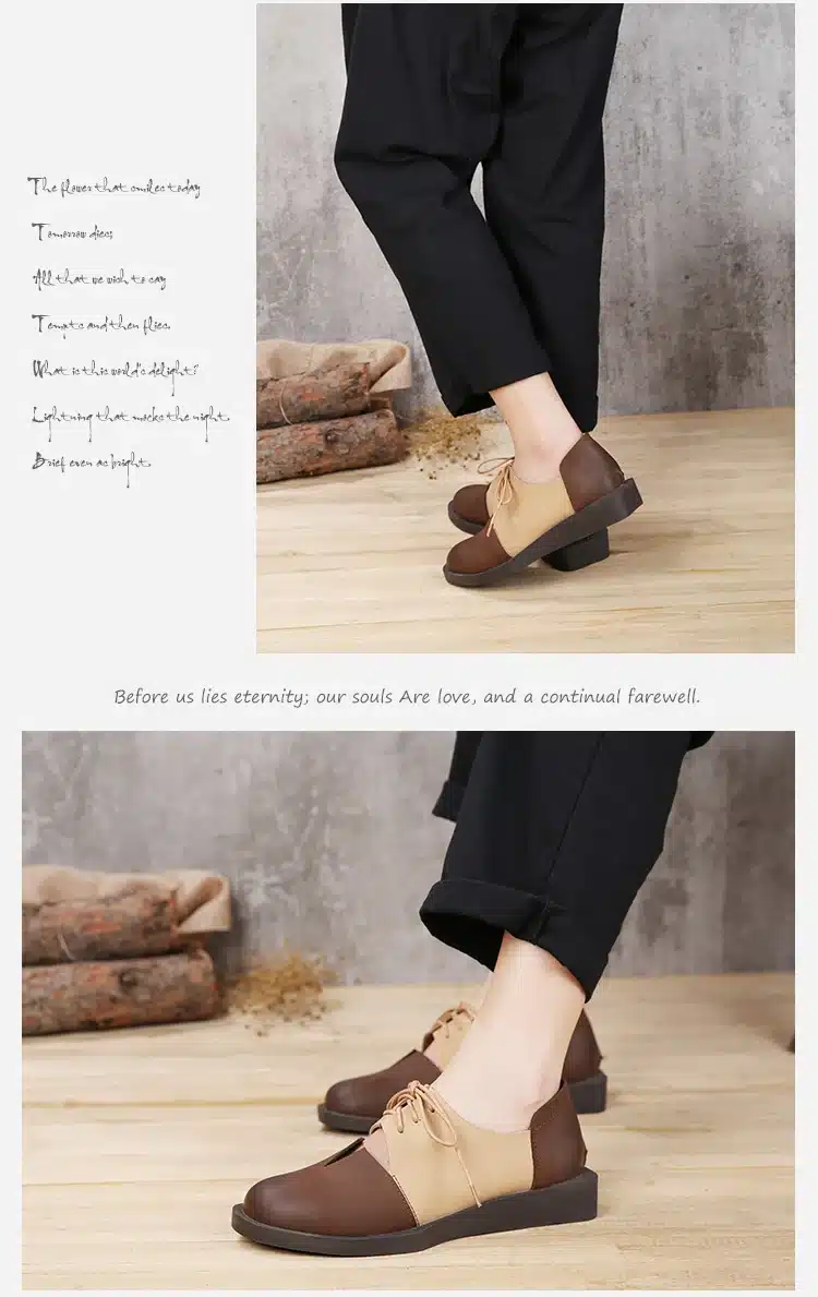 2018 Spring Summer Women Shoes Flats Genuine Leather Round Toes Lace up Mixed Color Handmade Retro Shoes 15