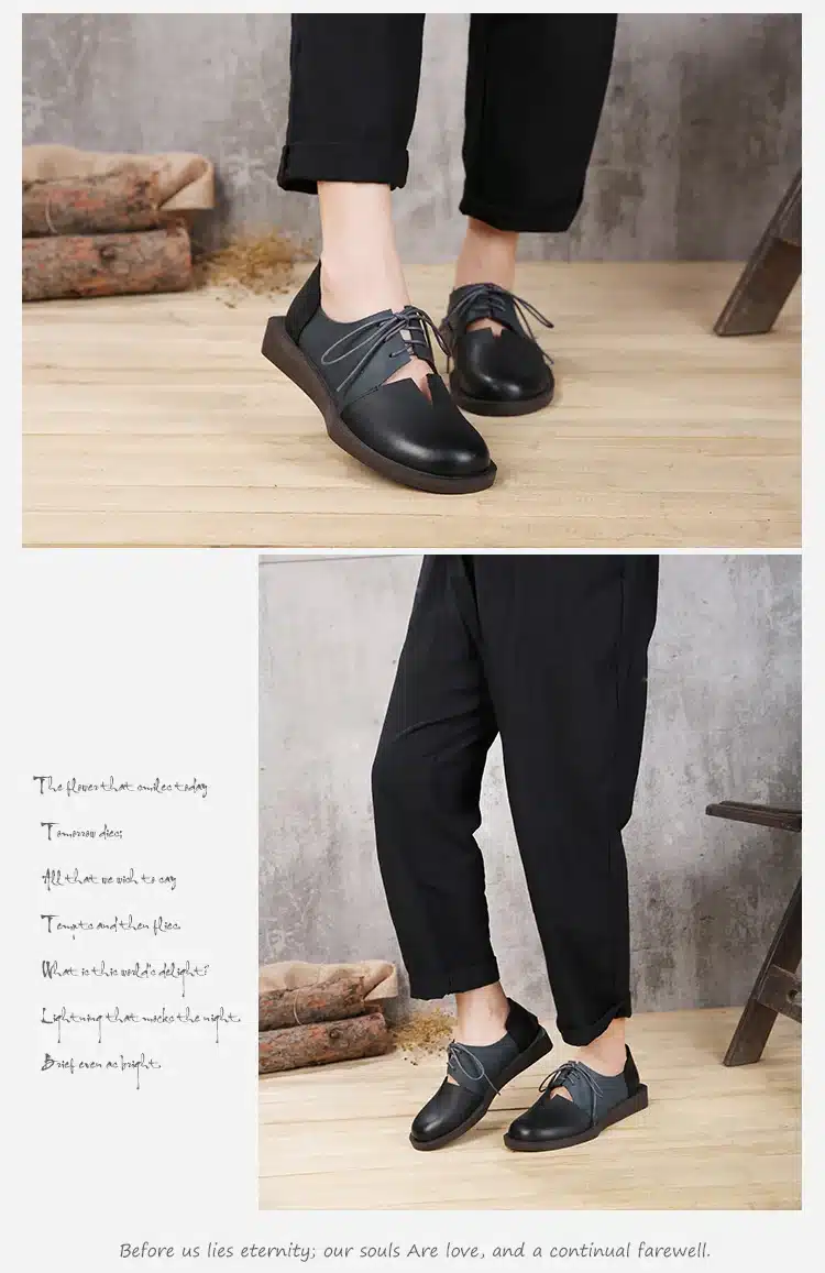 2018 Spring Summer Women Shoes Flats Genuine Leather Round Toes Lace up Mixed Color Handmade Retro Shoes 17