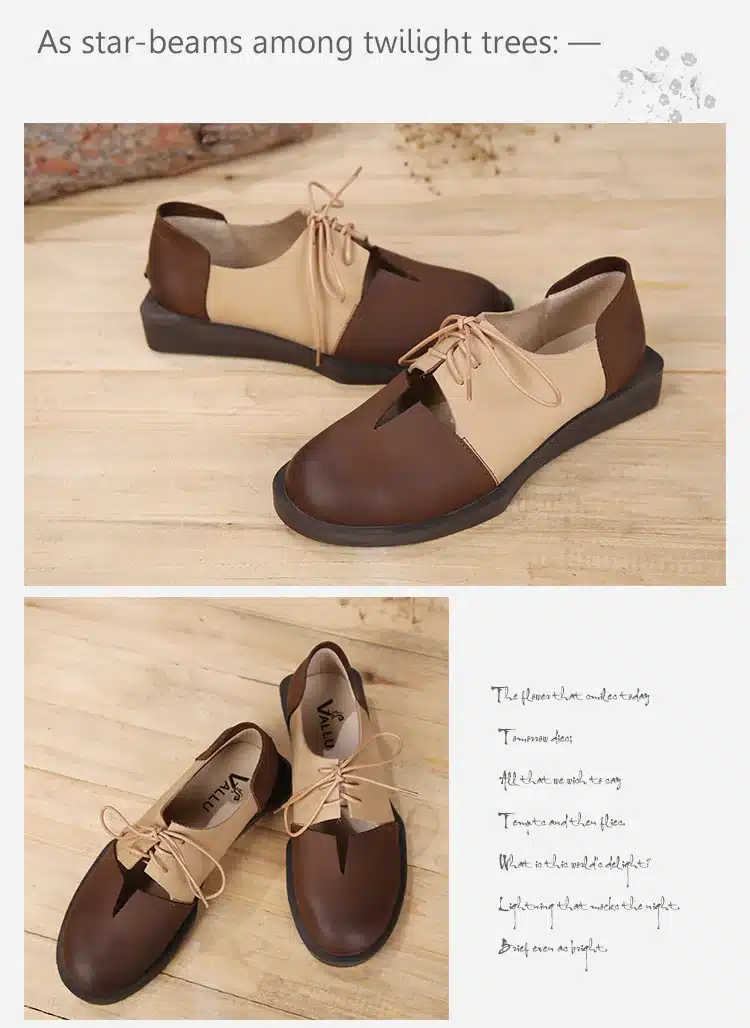2018 Spring Summer Women Shoes Flats Genuine Leather Round Toes Lace up Mixed Color Handmade Retro Shoes 21