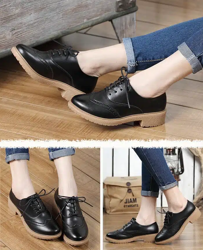 Hot Sale Women Genuine Leather Oxford Shoes Fashion Round Toe Lace Up Flat Ladies Oxfords England Style Brogue Oxfords For Women 12