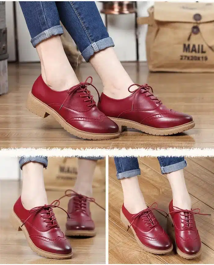 Hot Sale Women Genuine Leather Oxford Shoes Fashion Round Toe Lace Up Flat Ladies Oxfords England Style Brogue Oxfords For Women 16