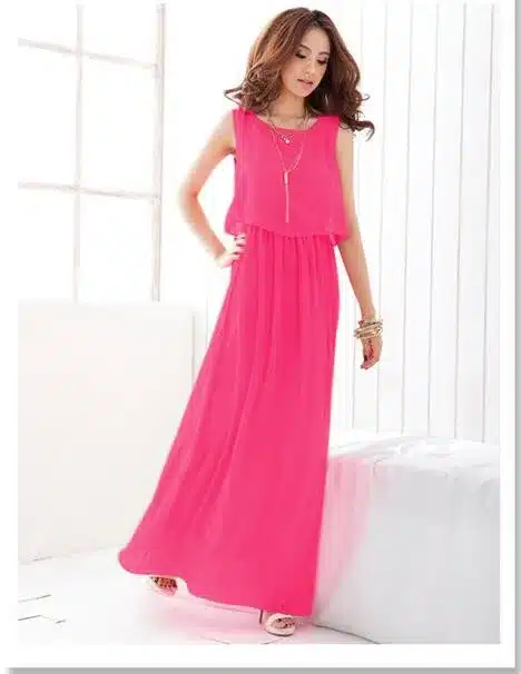 Plus Size Summer Solid Sleeveless Beach Long Dress Bohemian Chiffon Vest O-neck Vestidos Casual Comfortable Elbise FC28 27