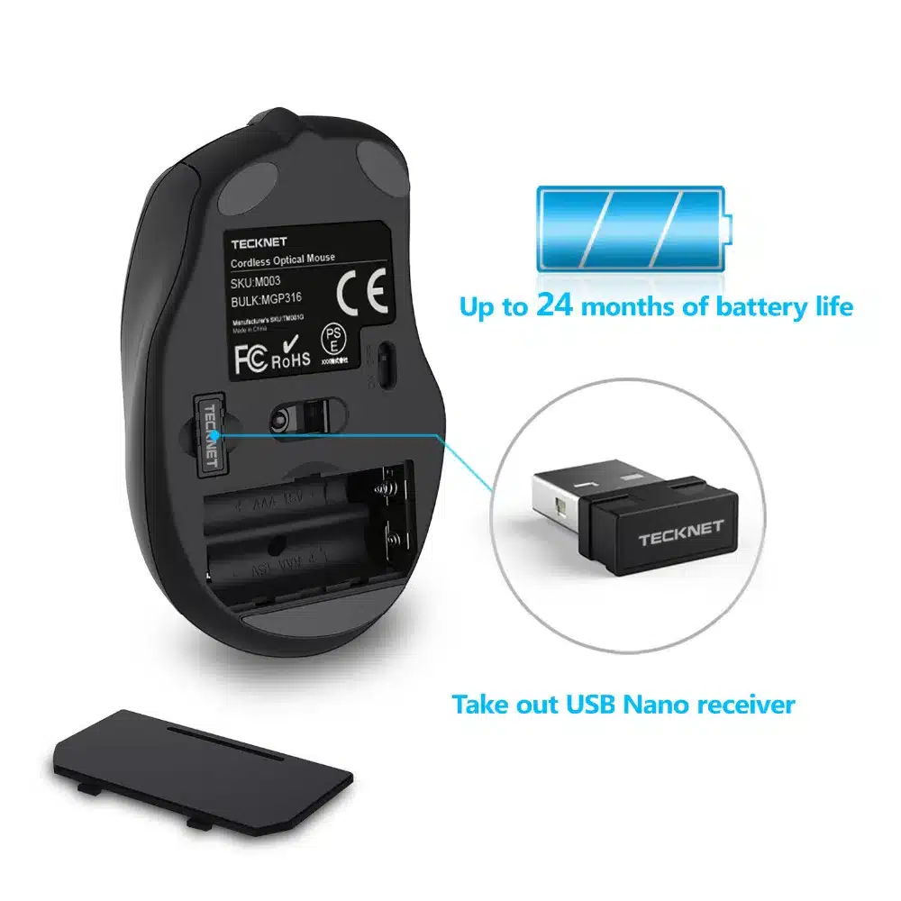 TeckNet Pro 2.4GHz Wireless Mouse Nano Receiver Ergonomic Mice 6 Buttons 2400DPI 5 Adjustment Levels for Computer Laptop Desktop 14