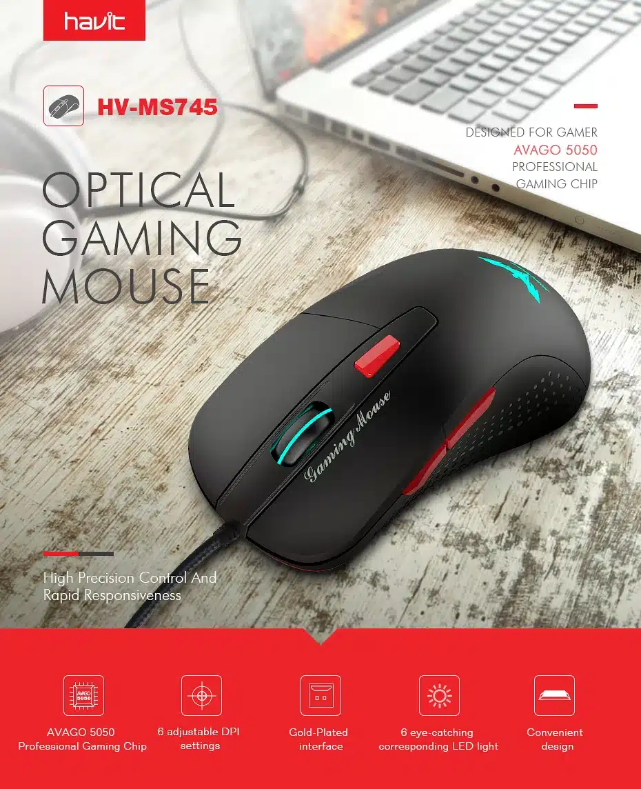 HAVIT Wired Gaming Mouse USB Optical LED Lights Mouse Gamer 2800 DPI with 6 Button For PC Laptop Desktop Computer Game HV-MS745 4