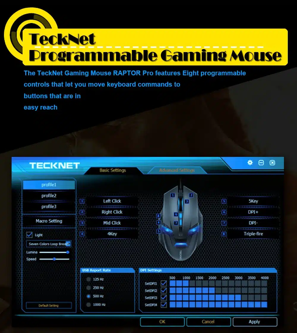 TeckNet RAPTOR Pro Programmable Gaming Mouse, 8 Buttons, 4000dPI, 1000Hz Return Rate, Fire Power Button, Weight Tuning Cartridge 8