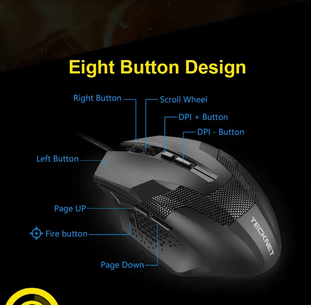 TeckNet RAPTOR Pro Programmable Gaming Mouse, 8 Buttons, 4000dPI, 1000Hz Return Rate, Fire Power Button, Weight Tuning Cartridge 9