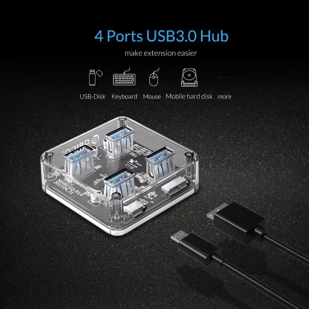 ORICO Transparent USB 3.0 HUB 4 Ports High Speed USB Splitter with Power Charging Interface for Windows Mac Linux Laptop PC USB 12