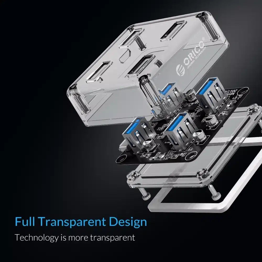 ORICO Transparent USB 3.0 HUB 4 Ports High Speed USB Splitter with Power Charging Interface for Windows Mac Linux Laptop PC USB 13