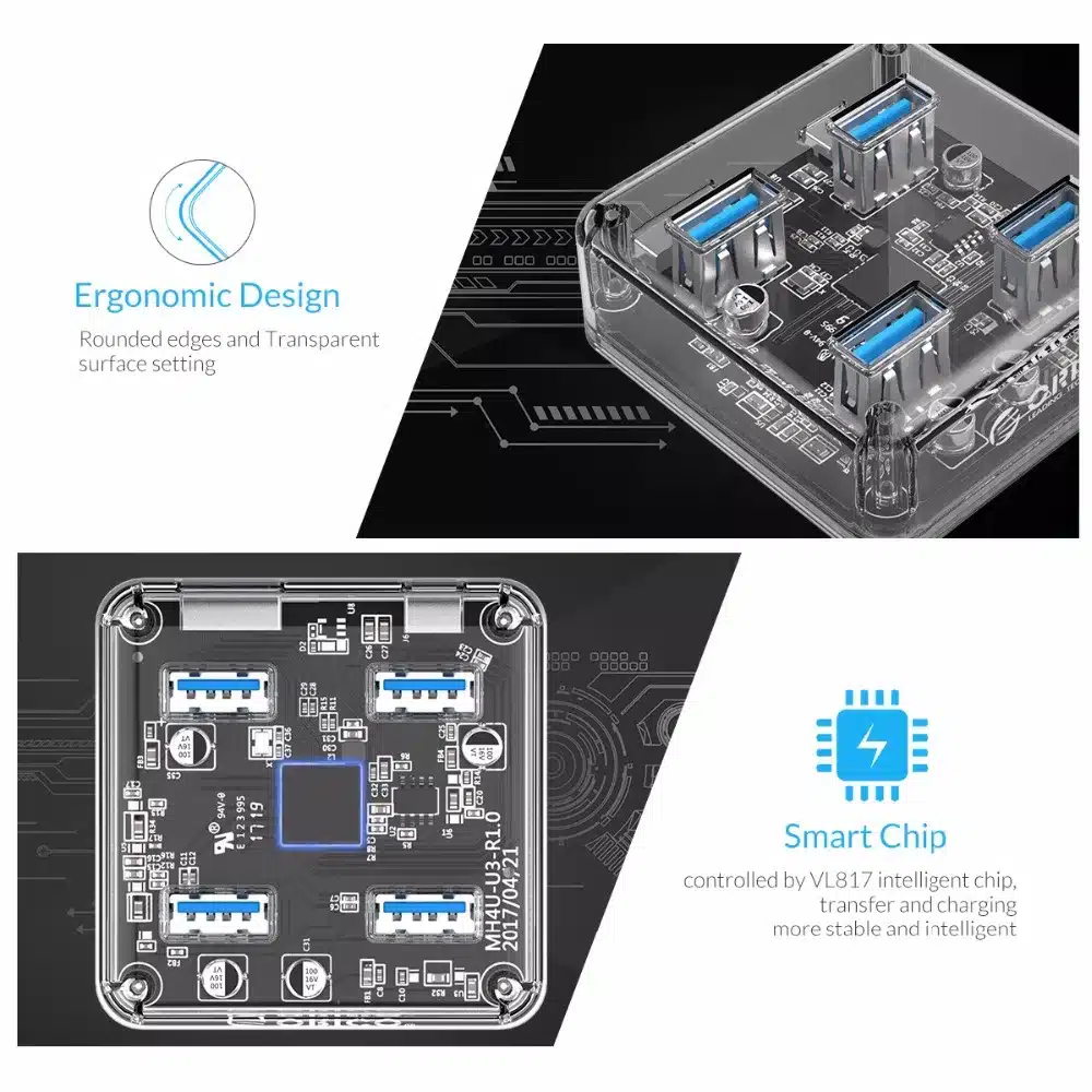 ORICO Transparent USB 3.0 HUB 4 Ports High Speed USB Splitter with Power Charging Interface for Windows Mac Linux Laptop PC USB 14