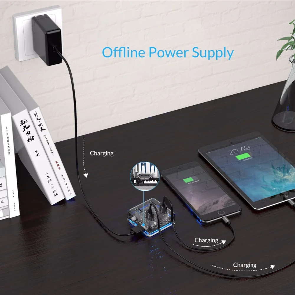 ORICO Transparent USB 3.0 HUB 4 Ports High Speed USB Splitter with Power Charging Interface for Windows Mac Linux Laptop PC USB 16
