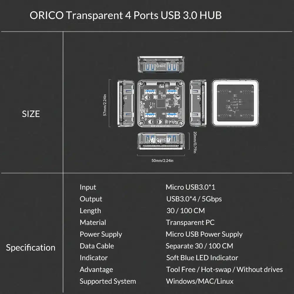 ORICO Transparent USB 3.0 HUB 4 Ports High Speed USB Splitter with Power Charging Interface for Windows Mac Linux Laptop PC USB 20