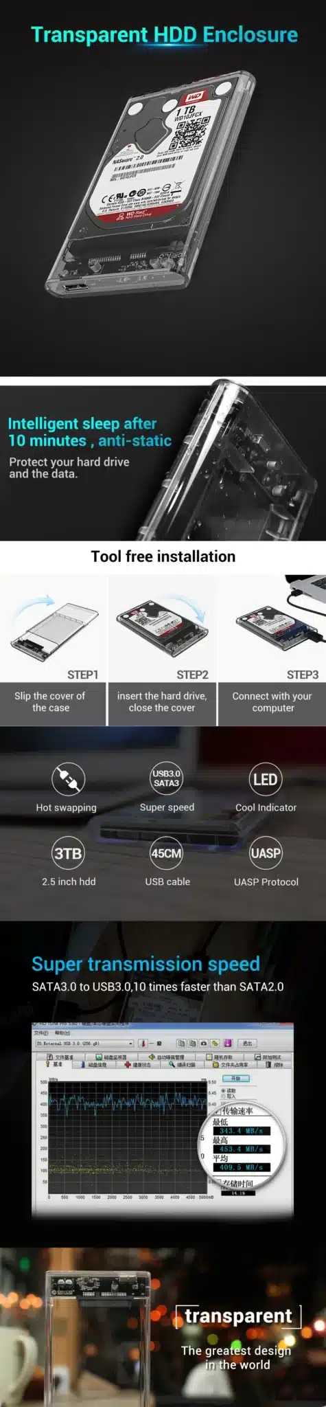 ORICO 2.5" Transparent Sata3.0 to USB3.0 HDD Case Tool Free HDD Enclosure External Hard Drive Box for Samsung Seagate SSD 2139U3 13