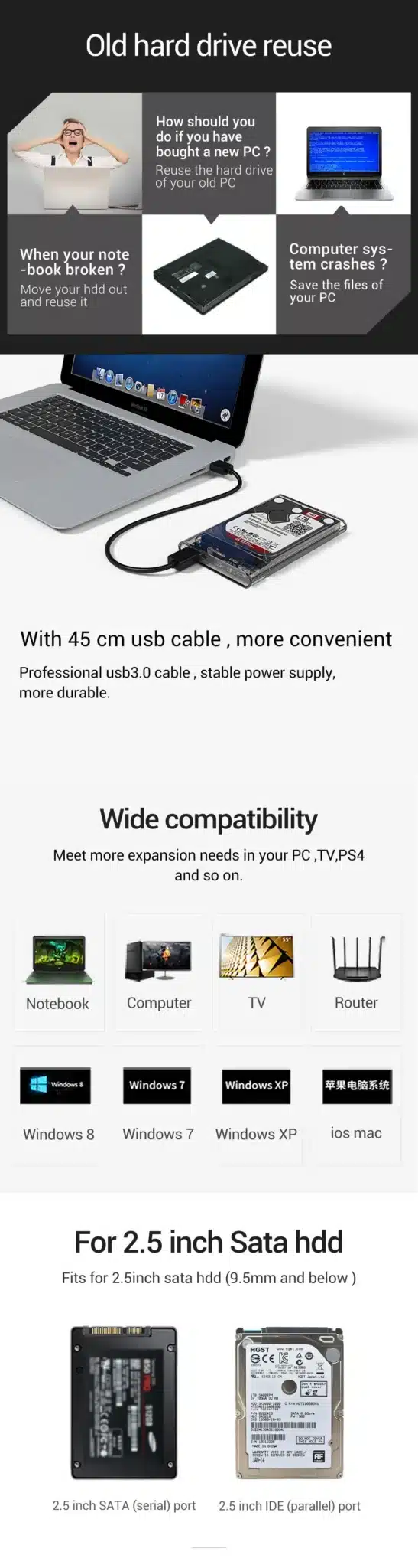 ORICO 2.5" Transparent Sata3.0 to USB3.0 HDD Case Tool Free HDD Enclosure External Hard Drive Box for Samsung Seagate SSD 2139U3 15