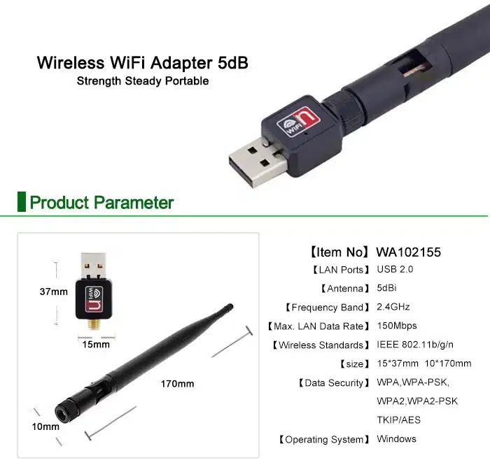 Wireless WiFi Adapter 5dB wifi Antenna 150Mbps Lan Wireless Network Card Portable USB WiFi Receiver Adaptador WiFi 802.11b/g/n 12