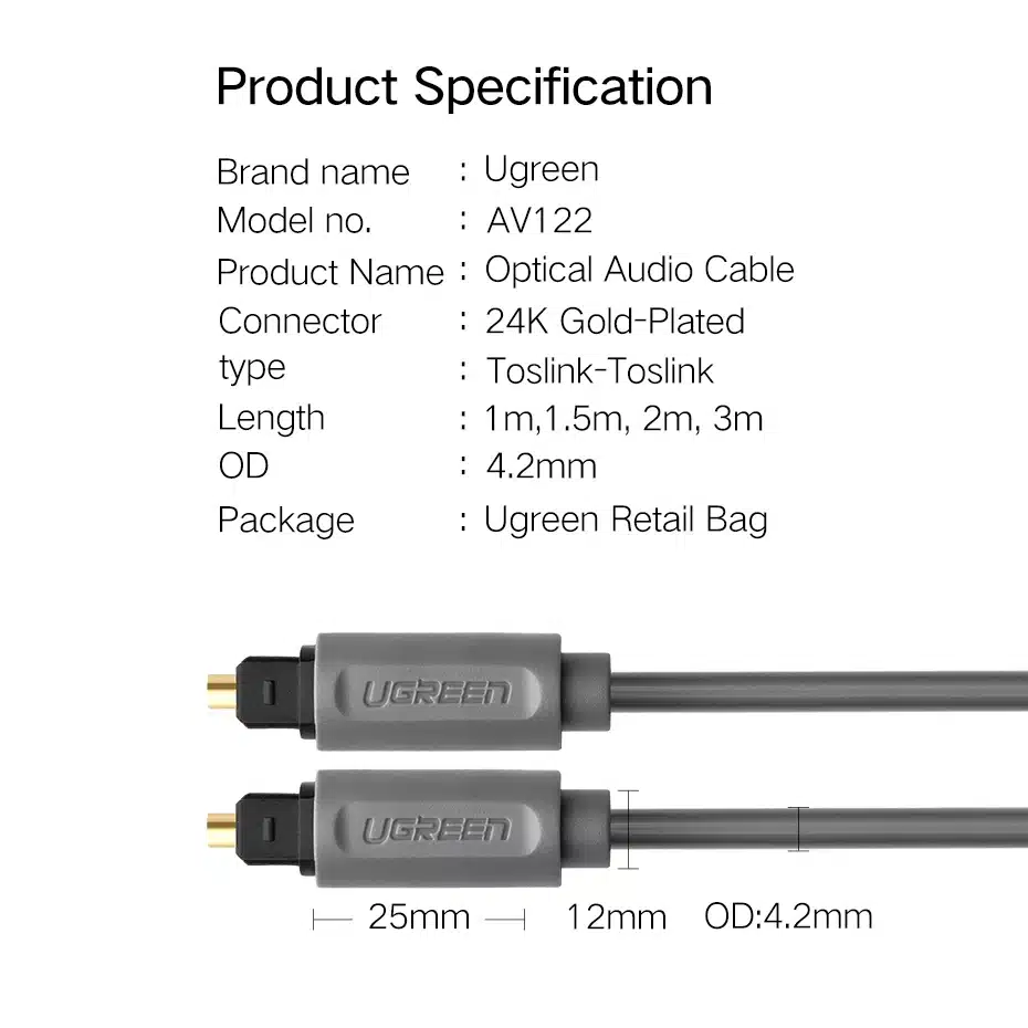 Ugreen Digital Optical Audio Cable Toslink Gold Plated 1m 2m 3m SPDIF Coaxial Cable for Blu-ray CD DVD Player Xbox 360 PS3 AV TV 18