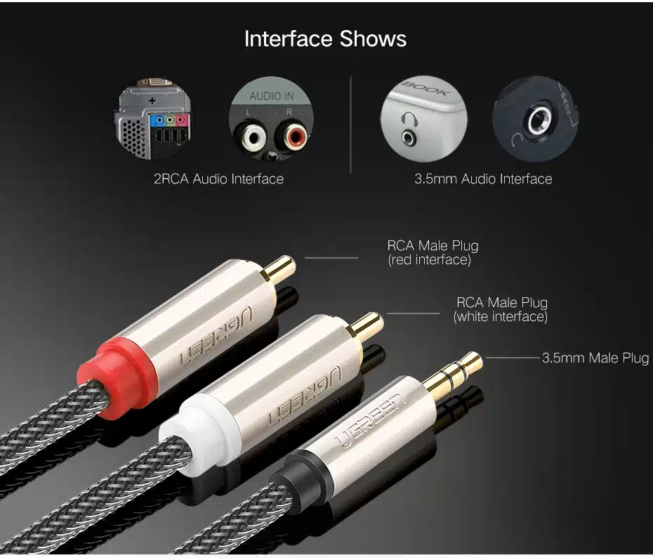 Ugreen RCA Audio Cable 2RCA Male to 3.5mm Jack to 2 RCA AUX Cable Nylon Braided Splitter Cable for Home Theater iPhone Headphone 10