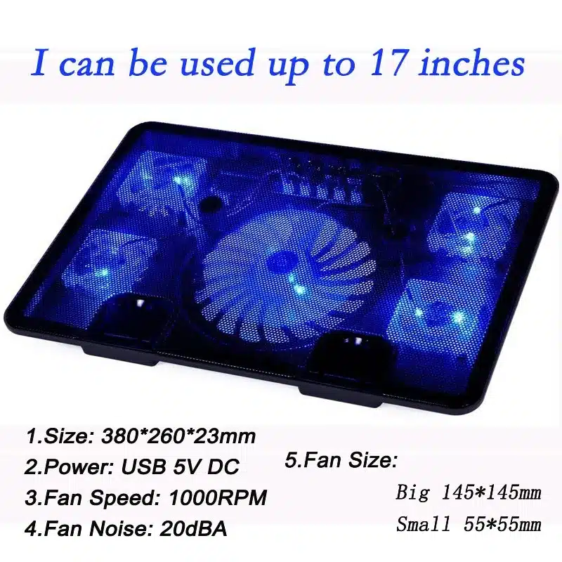 Professional external Laptop Cooler Pad 14" 15.6" 17" with 5 fans 2 USB Port slide-proof stand Notebook Cooling Fan with light 3