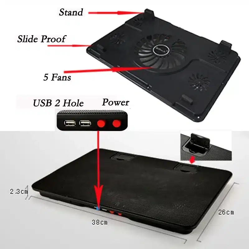 Professional external Laptop Cooler Pad 14" 15.6" 17" with 5 fans 2 USB Port slide-proof stand Notebook Cooling Fan with light 4