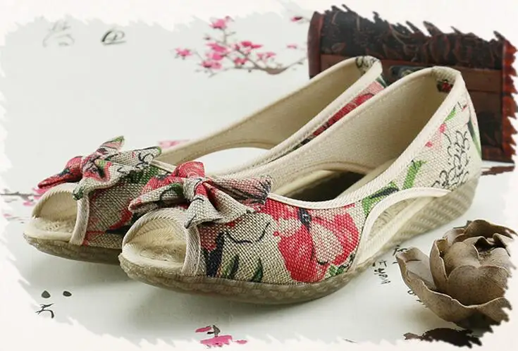 Vintage Women Flats Summer New Soft Canvas Embroidery Shoes Casual Slip On Bow Dance Flat Sandals For Woman Zapatos Mujer 23