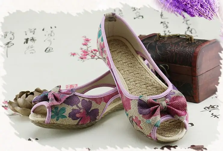Vintage Women Flats Summer New Soft Canvas Embroidery Shoes Casual Slip On Bow Dance Flat Sandals For Woman Zapatos Mujer 30