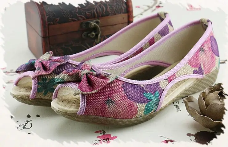 Vintage Women Flats Summer New Soft Canvas Embroidery Shoes Casual Slip On Bow Dance Flat Sandals For Woman Zapatos Mujer 31