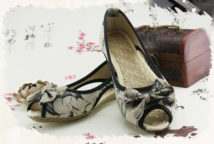 Vintage Women Flats Summer New Soft Canvas Embroidery Shoes Casual Slip On Bow Dance Flat Sandals For Woman Zapatos Mujer 34
