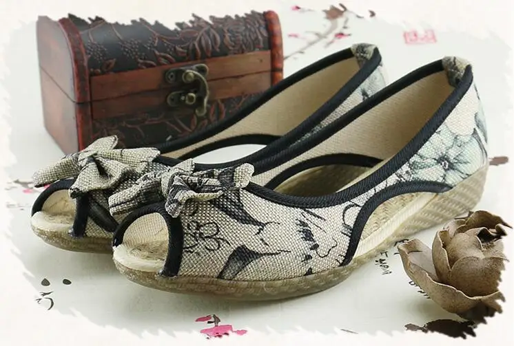 Vintage Women Flats Summer New Soft Canvas Embroidery Shoes Casual Slip On Bow Dance Flat Sandals For Woman Zapatos Mujer 35
