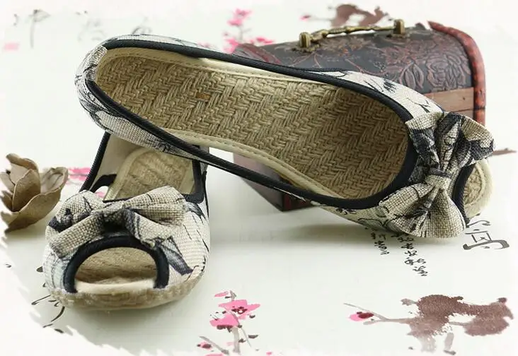 Vintage Women Flats Summer New Soft Canvas Embroidery Shoes Casual Slip On Bow Dance Flat Sandals For Woman Zapatos Mujer 36