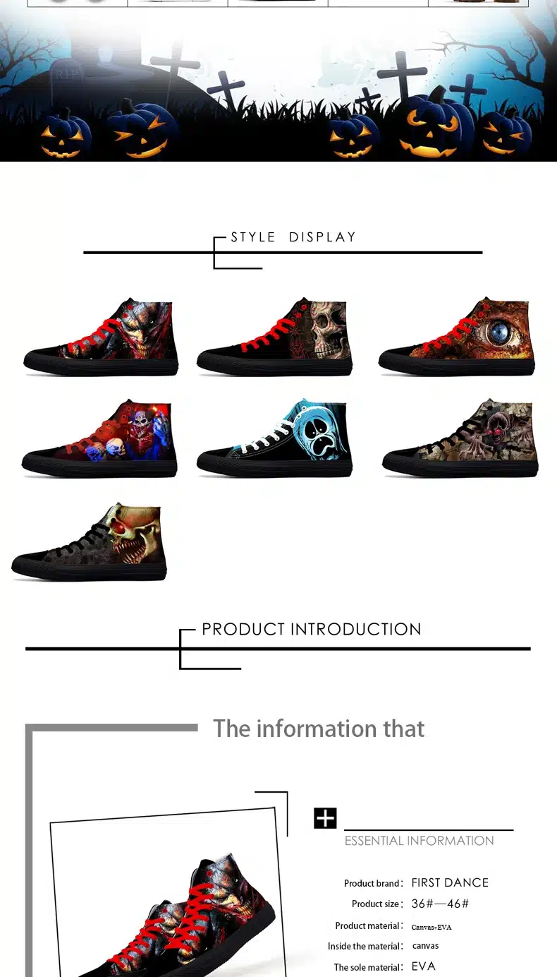 FIRST DANCE Punk Nice Skull Men Black Shoes Classic Canvas Men Casual Shoes Fashion High Top Shoes Men Printed Canvas Sneakers 6