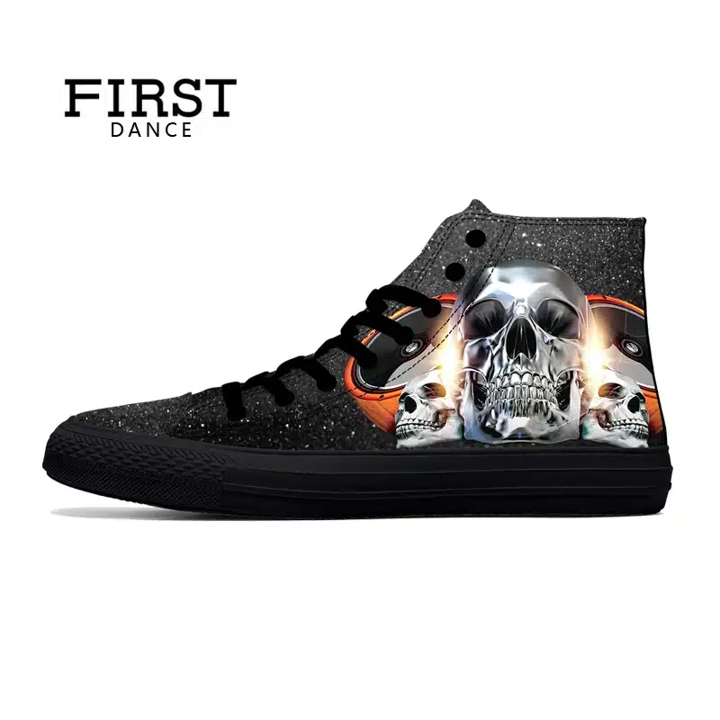 FIRST DANCE Punk Nice Skull Men Black Shoes Classic Canvas Men Casual Shoes Fashion High Top Shoes Men Printed Canvas Sneakers 15
