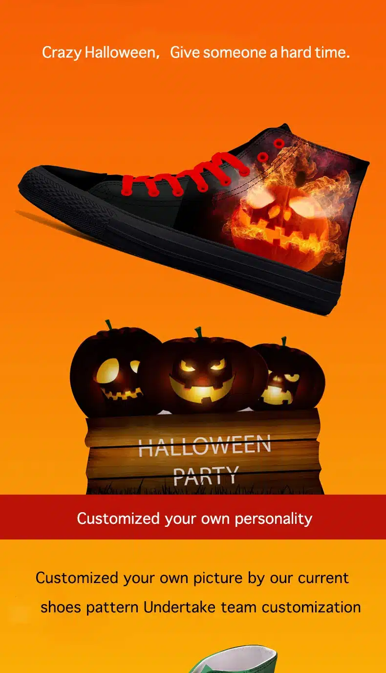 FIRST DANCE Halloween Casual High Top Blue Classic Canvas Shoes Men Nice Fashion Pumpkin 3D Printed Black Toe Shoes Men Sneakers 4