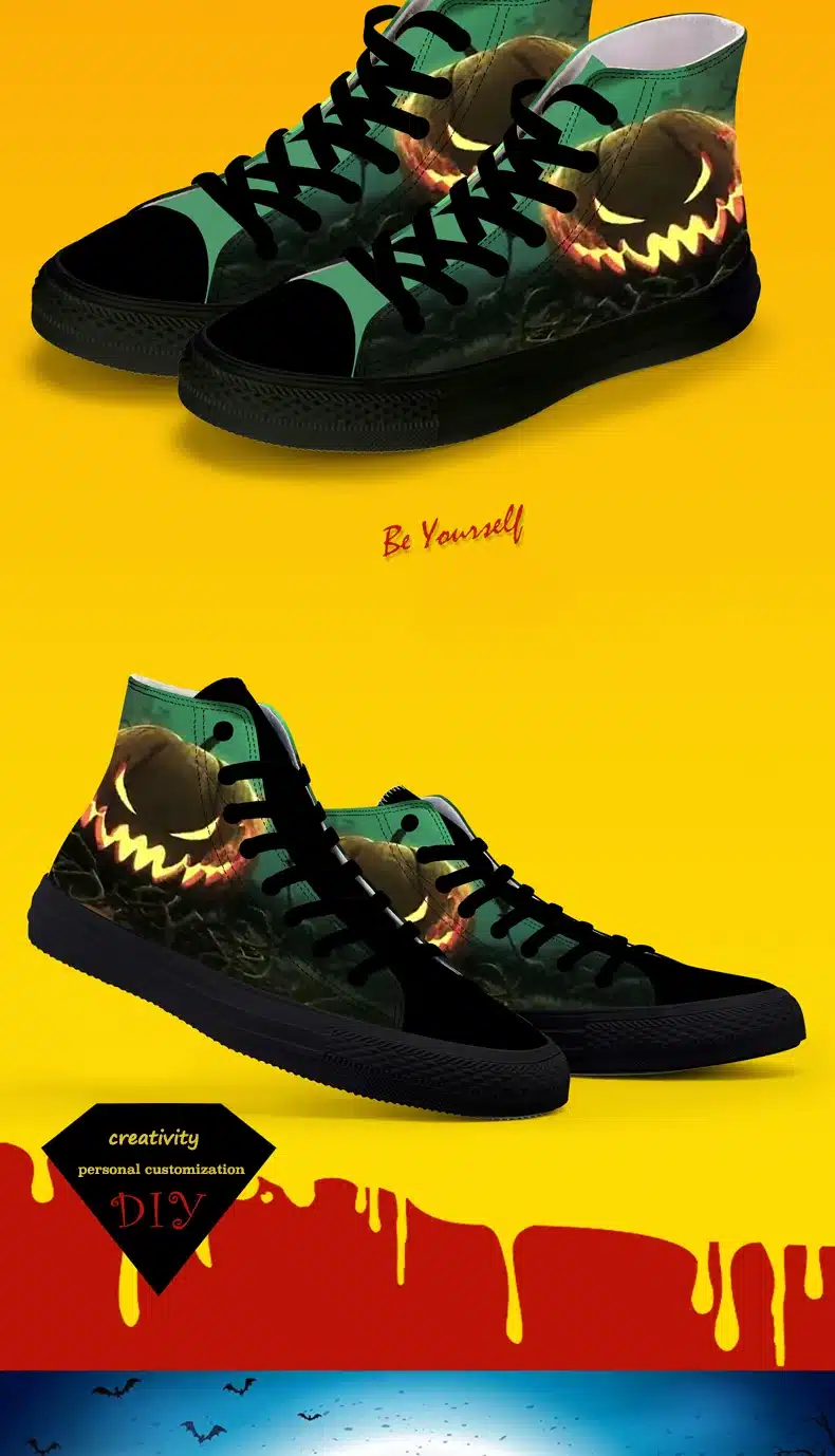FIRST DANCE Halloween Casual High Top Blue Classic Canvas Shoes Men Nice Fashion Pumpkin 3D Printed Black Toe Shoes Men Sneakers 5