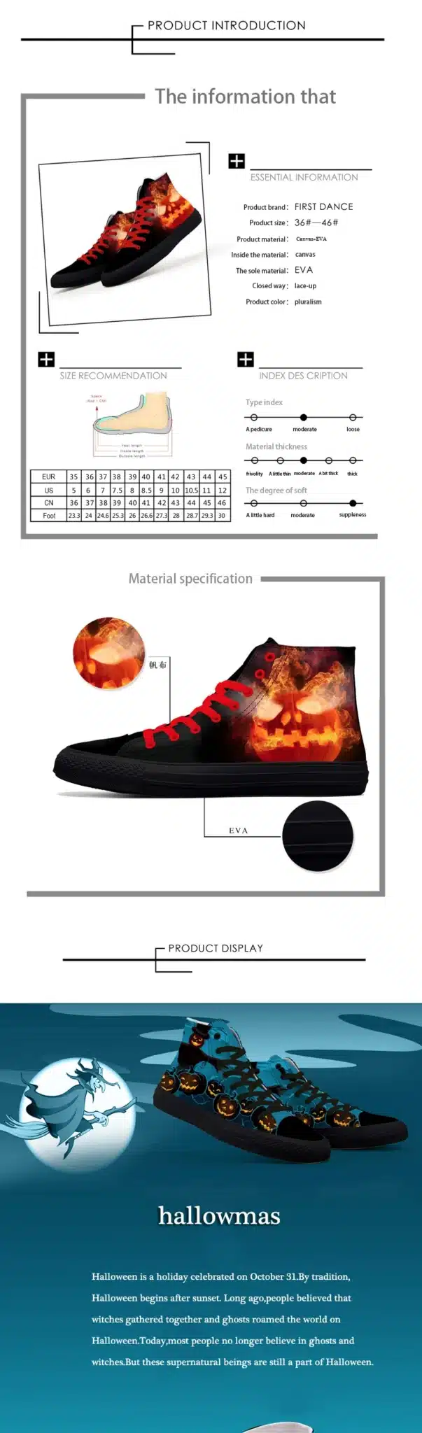 FIRST DANCE Halloween Casual High Top Blue Classic Canvas Shoes Men Nice Fashion Pumpkin 3D Printed Black Toe Shoes Men Sneakers 7