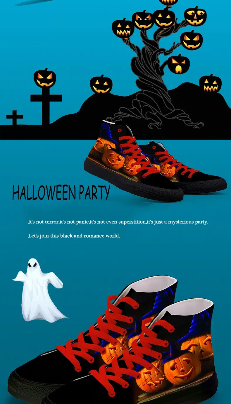 FIRST DANCE Halloween Casual High Top Blue Classic Canvas Shoes Men Nice Fashion Pumpkin 3D Printed Black Toe Shoes Men Sneakers 9