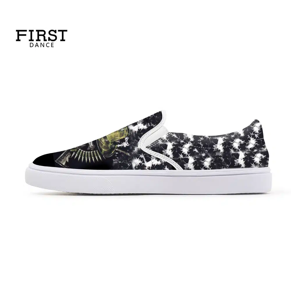 FIRST DANCE Fashion Casual Black Slip On Shoes For Men Nice Skull Printed Loafers Shoes Nice Flat-Bottomed Skull Shoes Spring 14