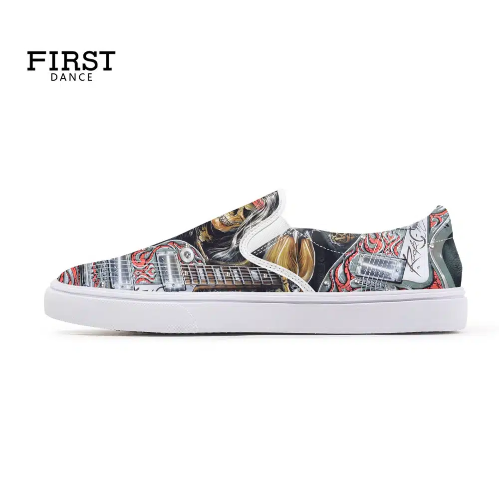 FIRST DANCE Fashion Casual Black Slip On Shoes For Men Nice Skull Printed Loafers Shoes Nice Flat-Bottomed Skull Shoes Spring 24